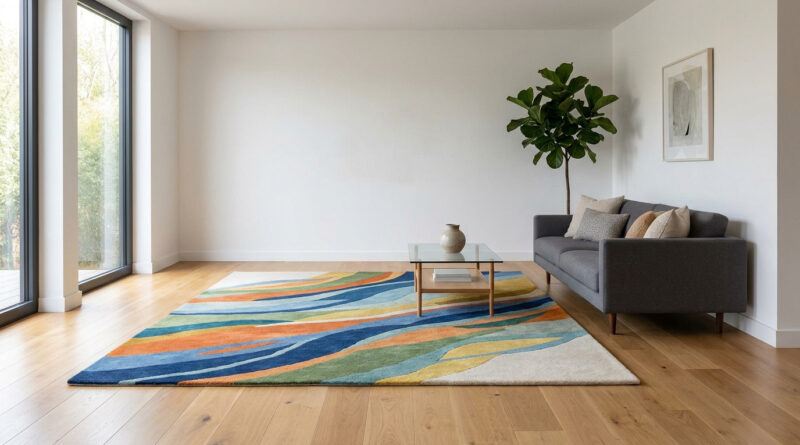 Tapis aux motifs abstraits colorés dans un salon moderne avec canapé gris et parquet en chêne clair.