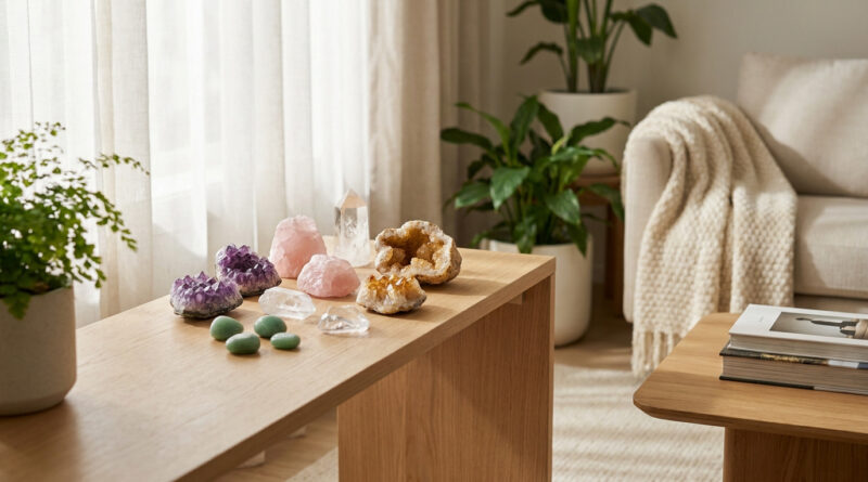 Collection de cristaux et pierres naturelles disposée sur une console en bois dans un salon lumineux.
