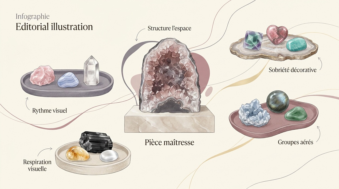 Infographie présentant des conseils pour disposer des cristaux et pierres naturelles dans un intérieur moderne