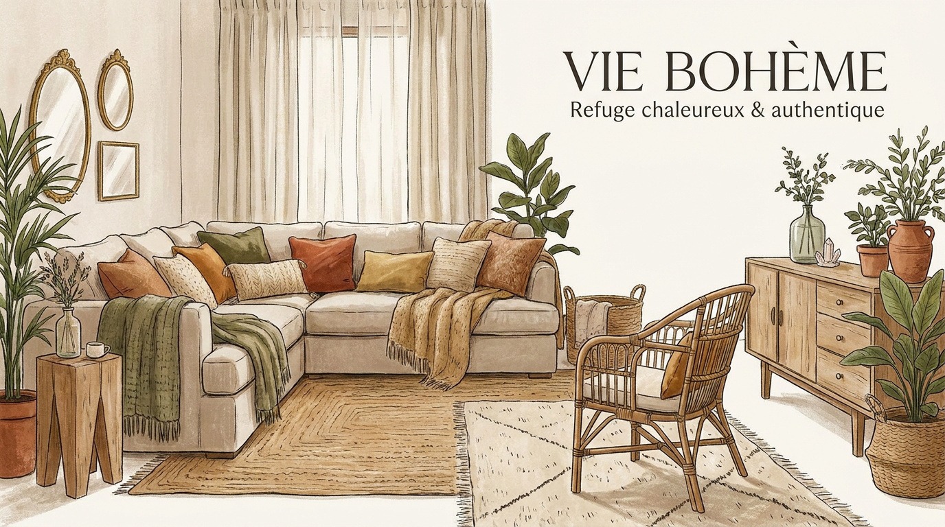 Salon bohème chaleureux avec mobilier en bois clair et accumulation de textiles naturels