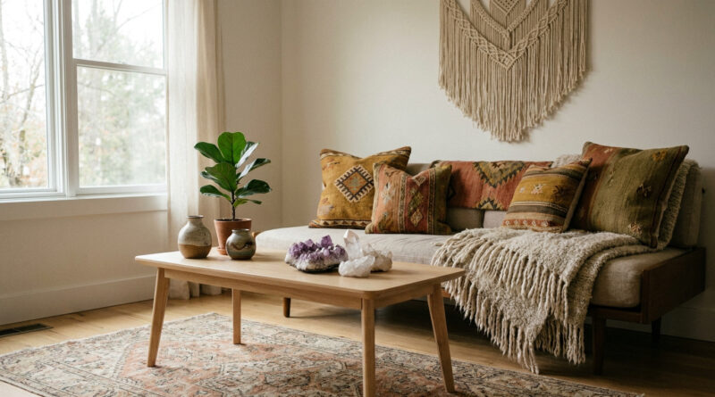 Salon au style bohème avec canapé, coussins ethniques, macramé mural et cristaux sur une table basse en bois.