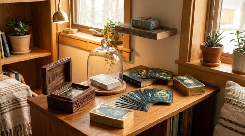 Jeux de tarot disposés sur une table en bois avec une cloche en verre, des plantes et des boîtes sculptées près d'une fenêtre.