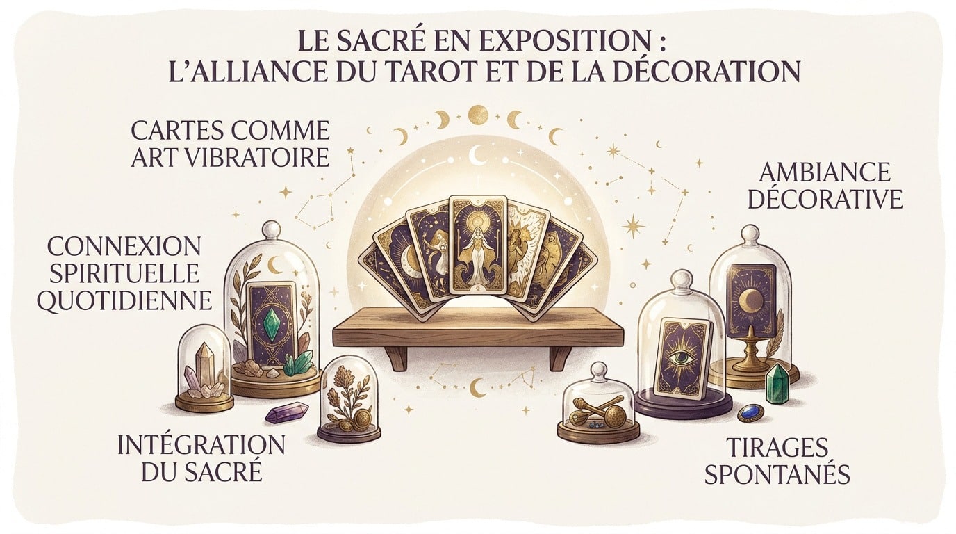 Jeux de tarot et oracle exposés sous une cloche en verre sur une étagère en bois