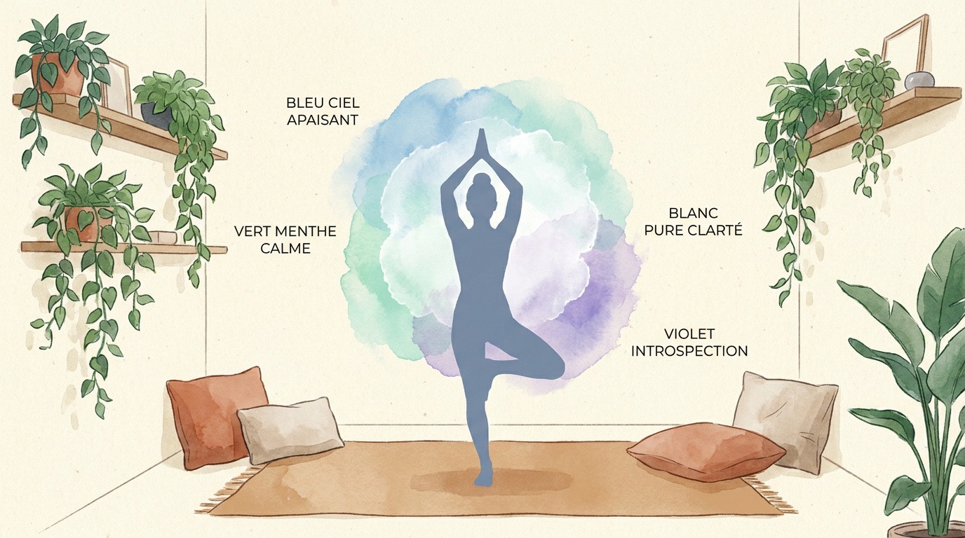 Espace de méditation serein avec murs aux tons naturels et plantes