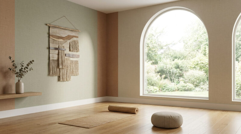Espace de yoga zen avec tapis roulé, coussin de méditation et tenture murale devant une grande fenêtre cintrée.