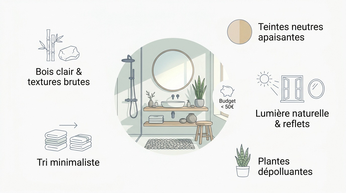 Infographie présentant des astuces pour une salle de bain zen et économique avec bois clair et plantes