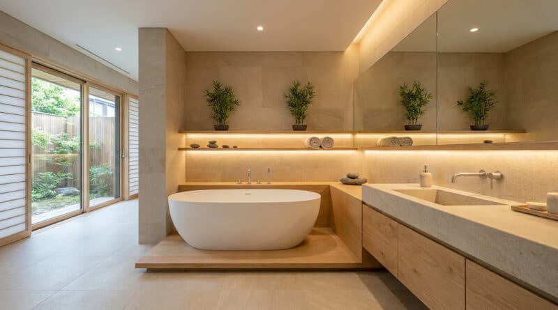 Salle de bain zen avec baignoire îlot, bois clair et plantes, ouverte sur un jardin intérieur via une porte coulissante.