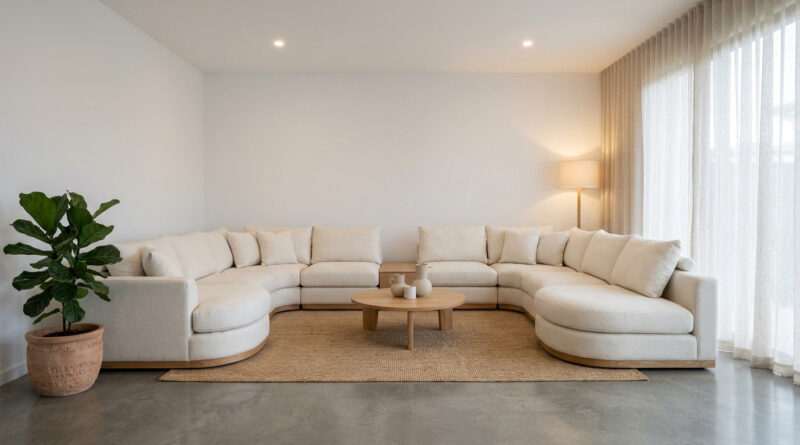 Un grand canapé modulaire blanc aux formes arrondies dans un salon minimaliste avec un tapis en jute et une plante verte.
