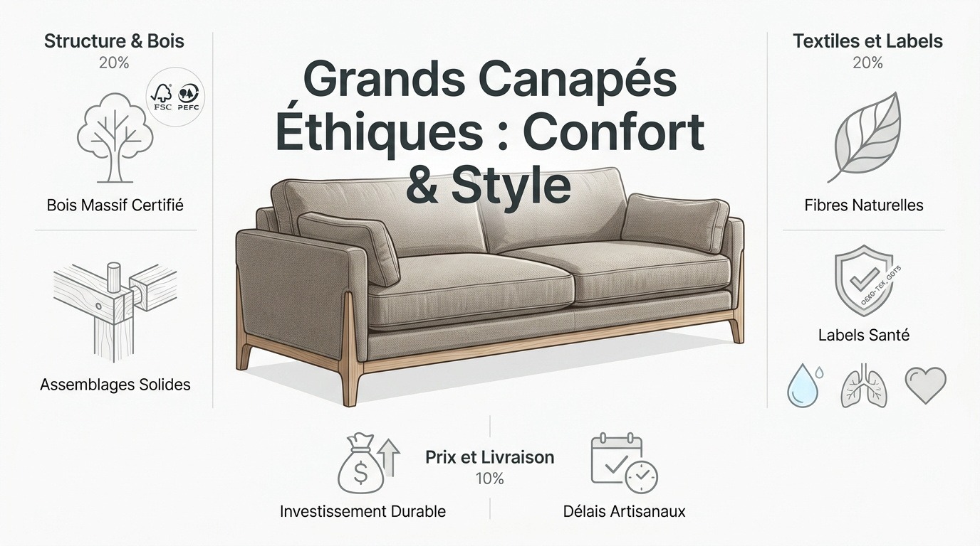 Grand canapé modulable en lin biologique et structure bois massif dans un salon contemporain
